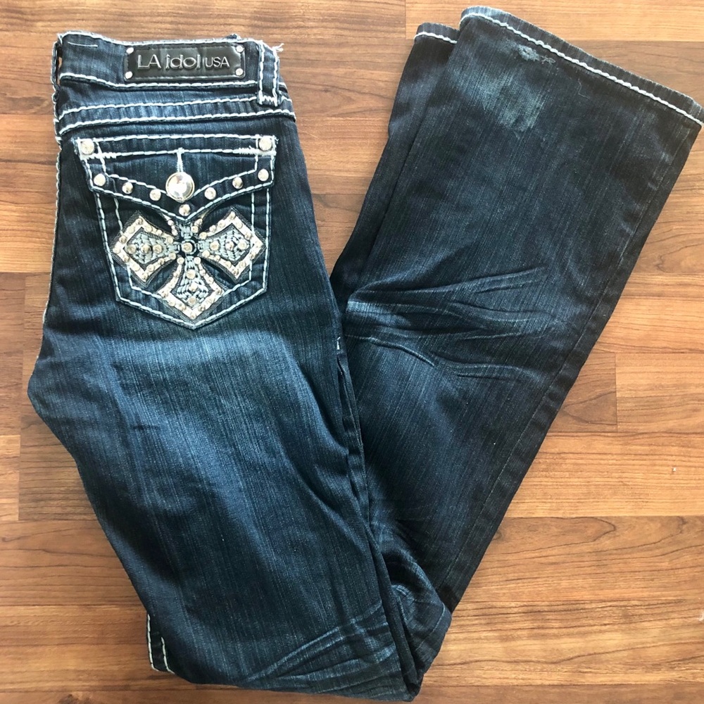 LA Idol USA Bling Pocket Bootcut Dark Jeans Size 5